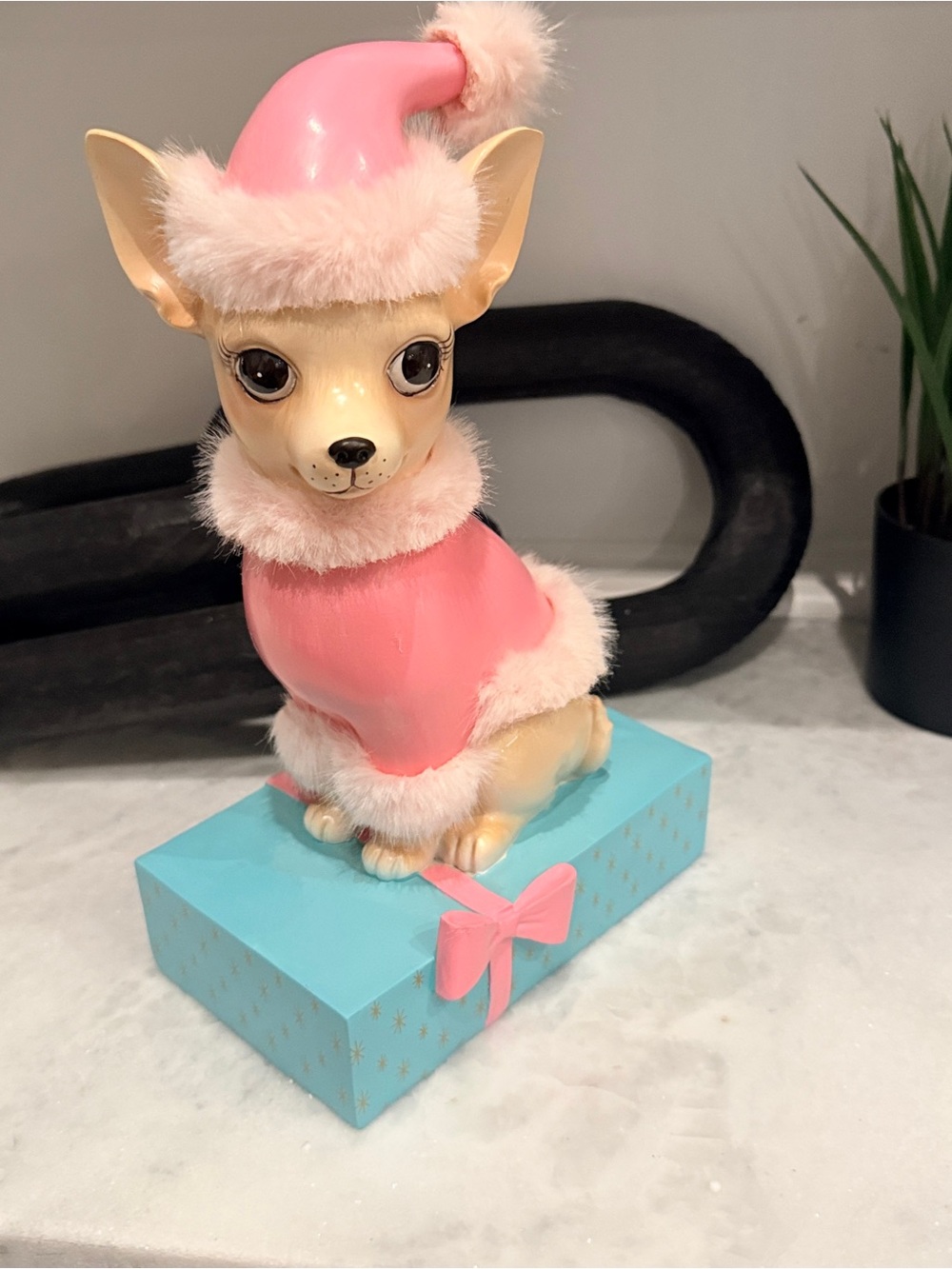 Pink Chihuahua Holiday Figurine with Gift Box - Festive Table Decor